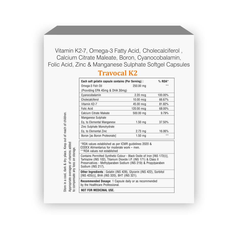 Travocal K2 Calcium Supplement Softgel | Supports Bone Health & Calcium Absorption