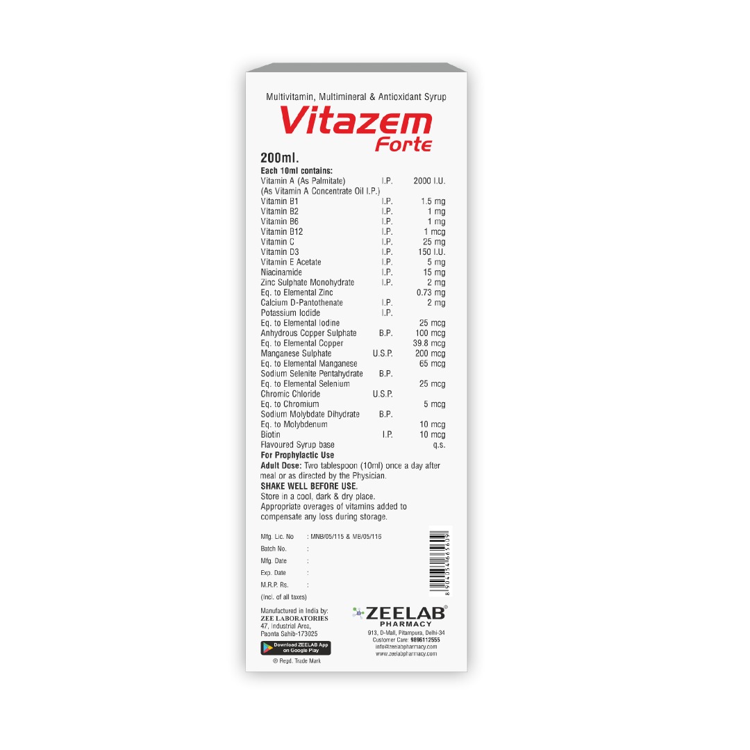 Vitazem Forte Syrup 200 ml | Multivitamin Syrup for Immunity & Energy