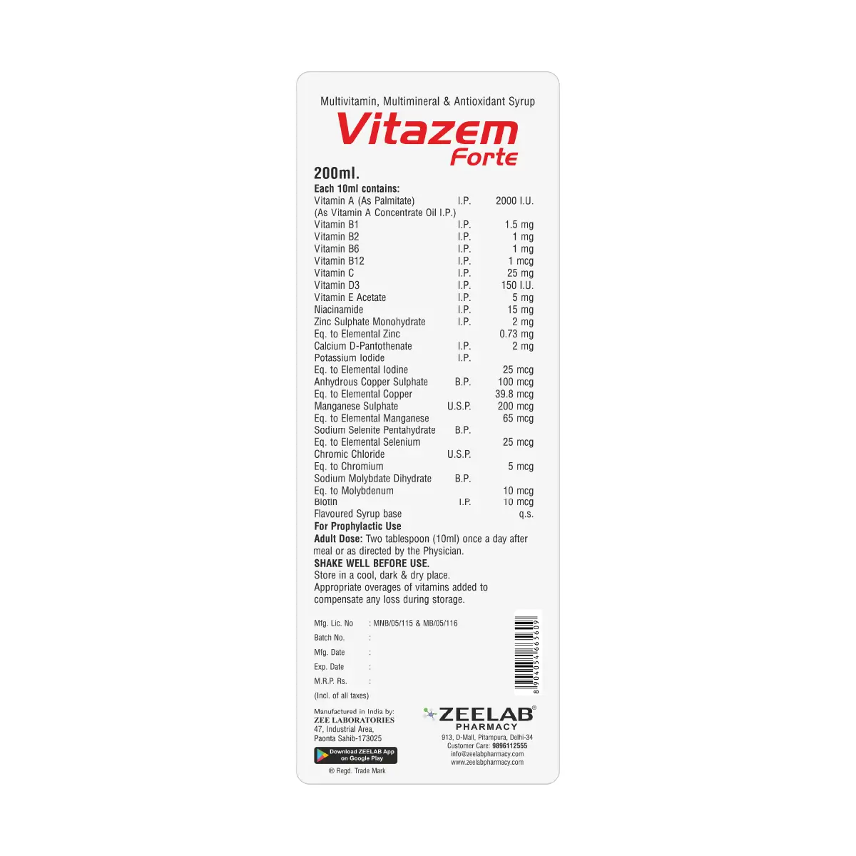 Vitazem Forte Syrup 200 ml | Multivitamin Syrup for Immunity & Energy
